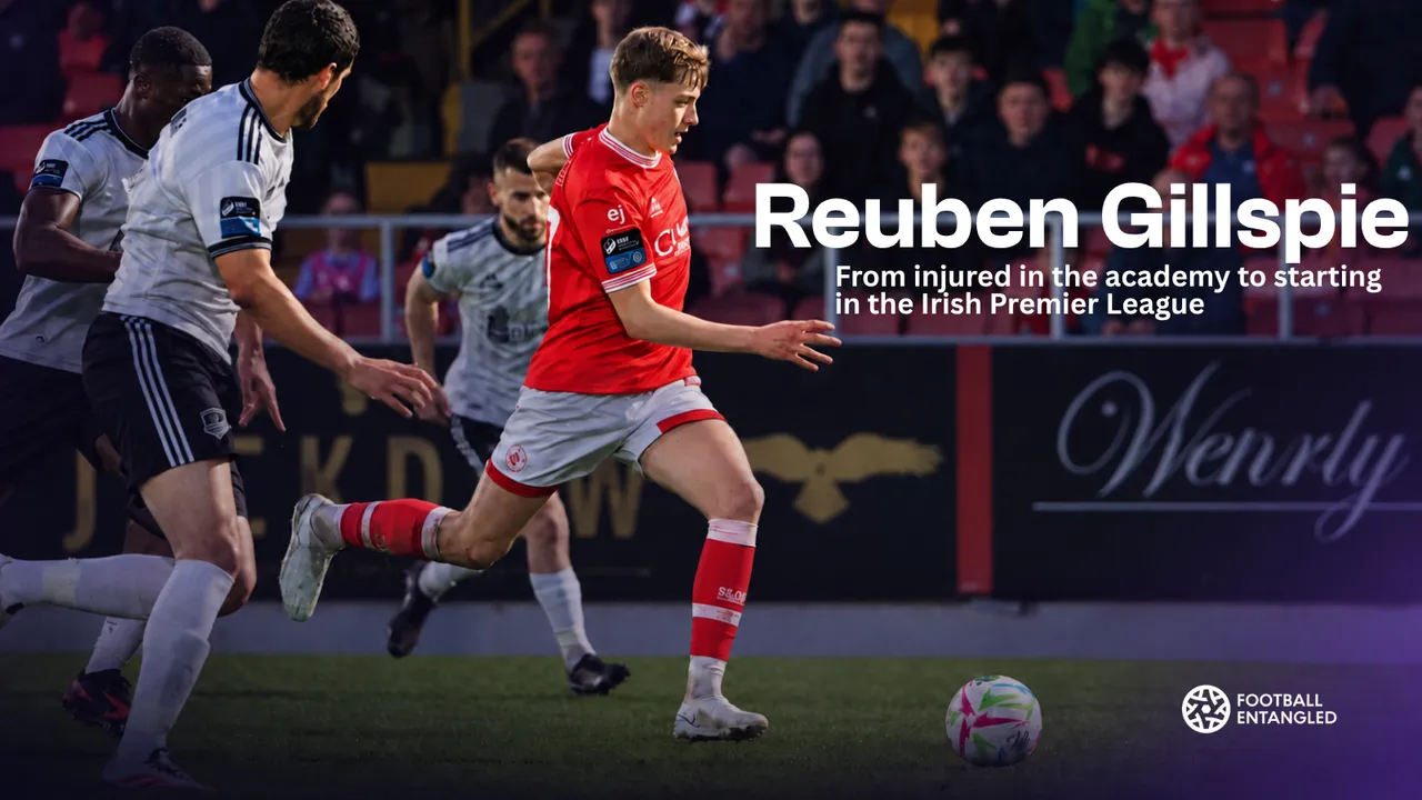 Reuben Gillespie in a red Sligo Rovers kit carrying the ball during a match, with text highlighting his journey from academy injuries to Irish Premier League football.