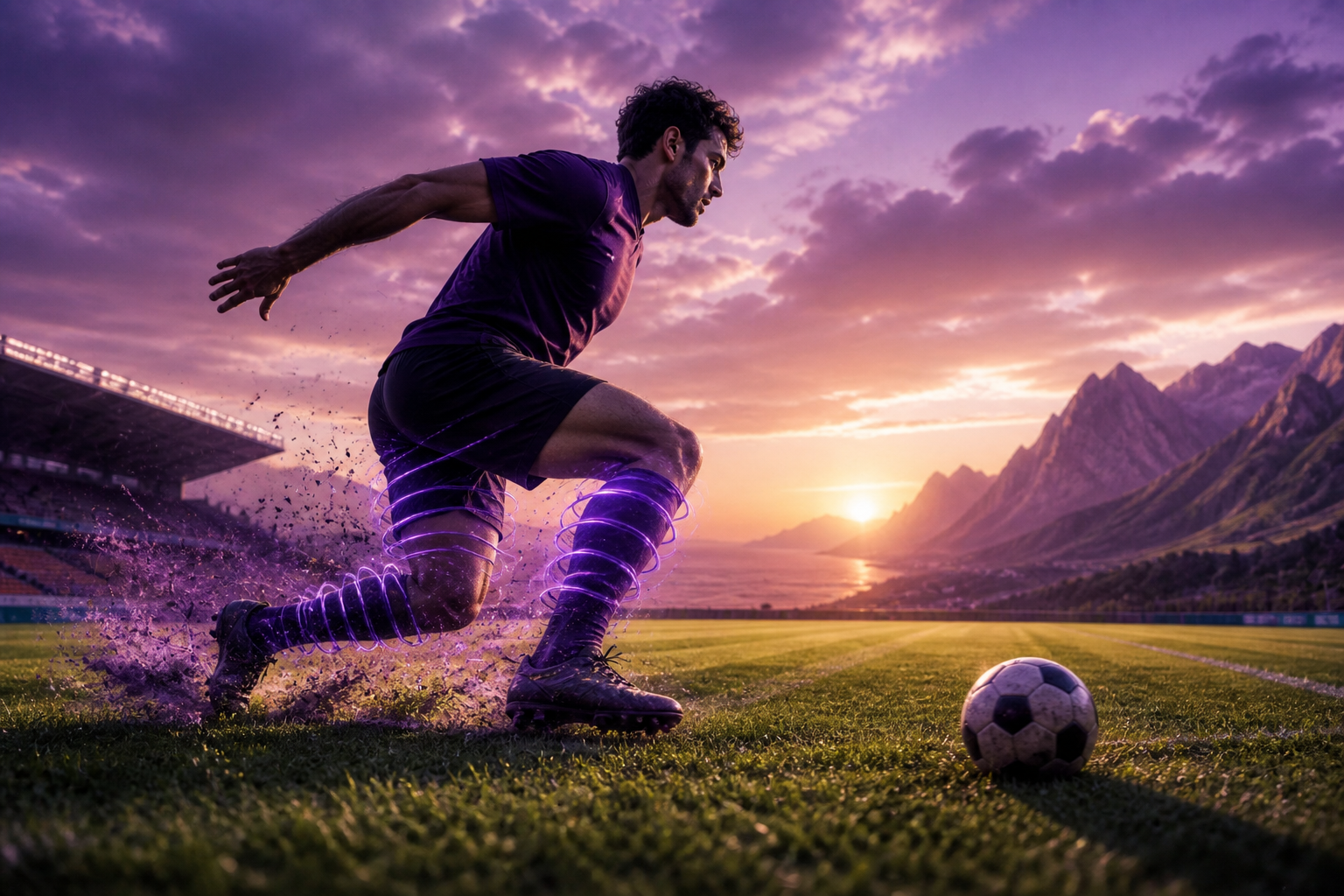 Footballer decelerating into a controlled cut with spring-like braking energy — eccentric control creates power.