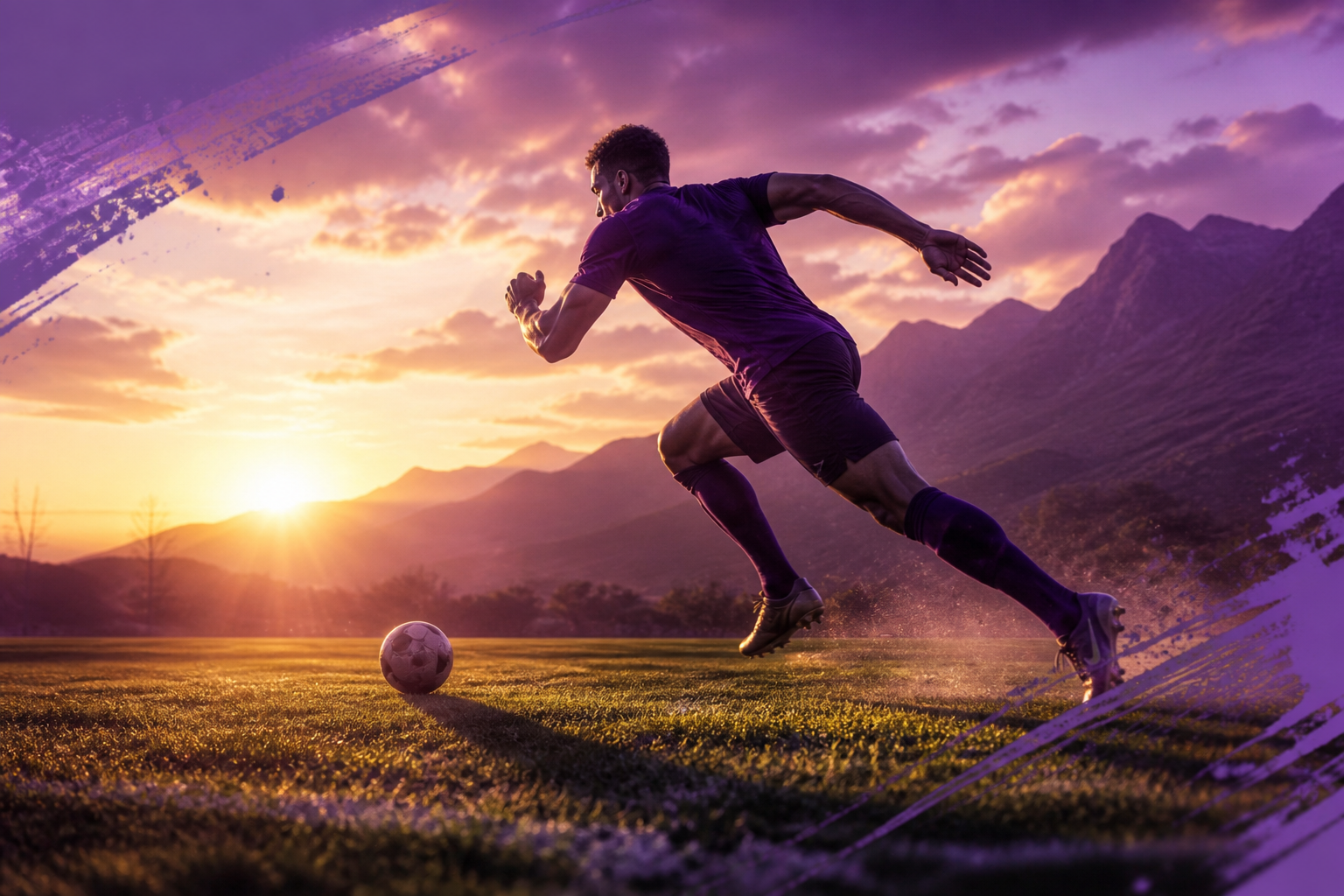 Footballer sprinting freely on a sunlit pitch at golden hour — effortless athleticism over gym-number chasing.