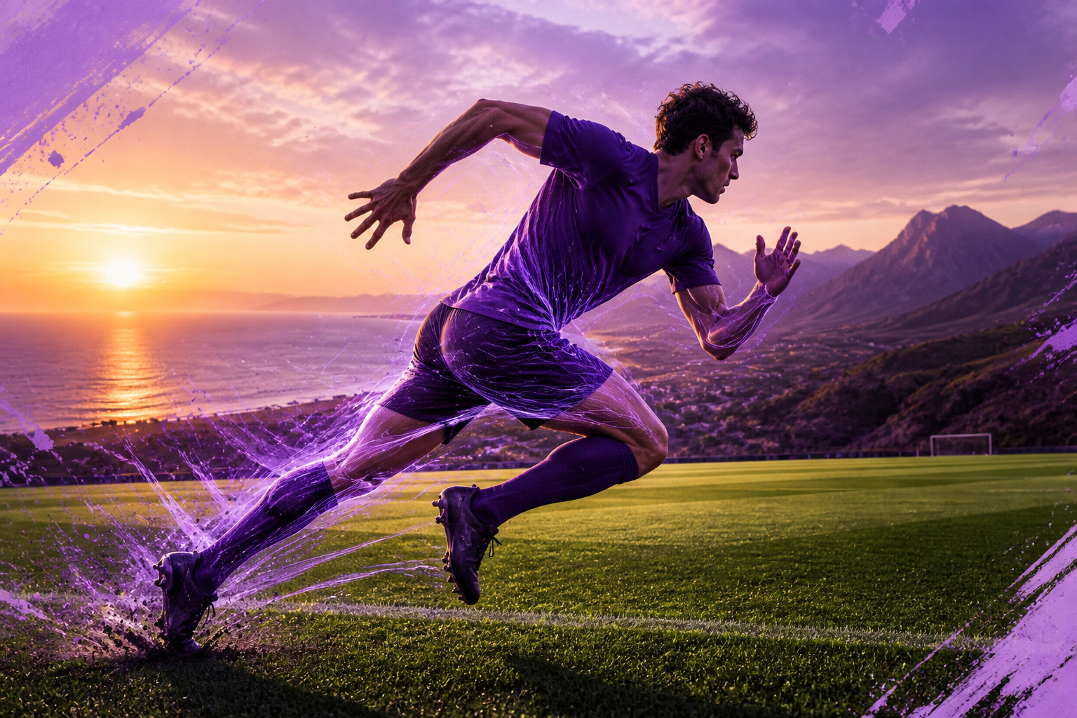 Footballer exploding into a spring-like sprint with fascial energy lines — elasticity over hypertrophy.