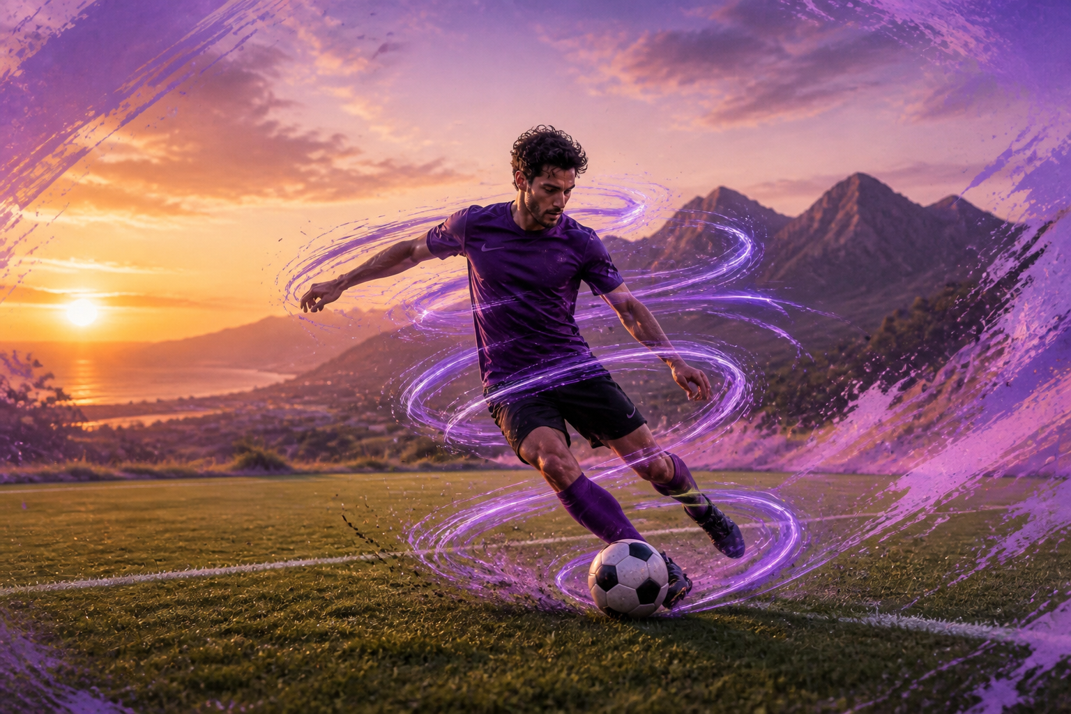 Footballer cutting in a fluid spiral on the pitch with rotational force trails — three-dimensional movement.