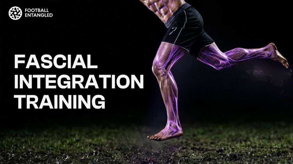 Football Entangled Fascial Integration Training — a barefoot footballer sprinting on grass with a glowing purple fascia network through the legs.