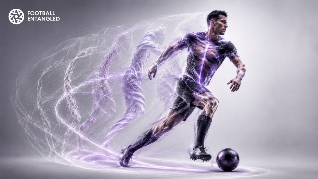 Footballer sprinting with motion-trail fascia silhouettes — the five phases of Fascial Integration Training.