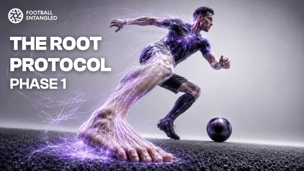 The Root Protocol: Phase 1 — footballer lunging with a glowing purple foot overlay and fascia network through the body.