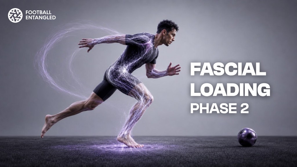 Fascial Loading: Phase 2 — footballer sprinting with purple fascia trails and a ripple through the planted foot.