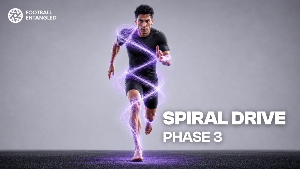 Spiral Drive: Phase 3 — footballer sprinting toward the camera with a glowing purple spiral through the body.