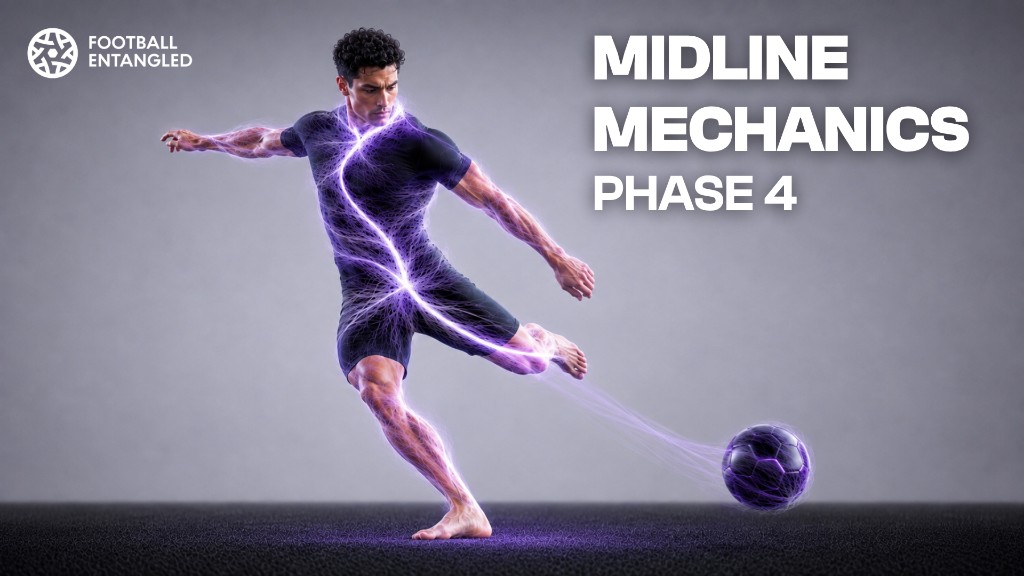 Midline Mechanics: Phase 4 — footballer striking a ball with a glowing fascia line through the kicking chain.