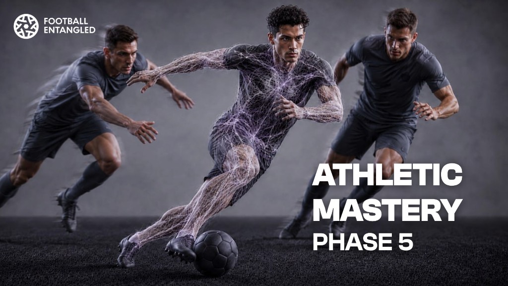 Athletic Mastery: Phase 5 — footballer at full sprint with motion-blur copies and a glowing fascia web.