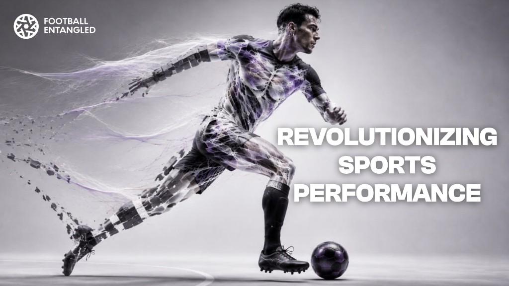 Footballer sprinting with a glowing fascia network — Revolutionizing Sports Performance.