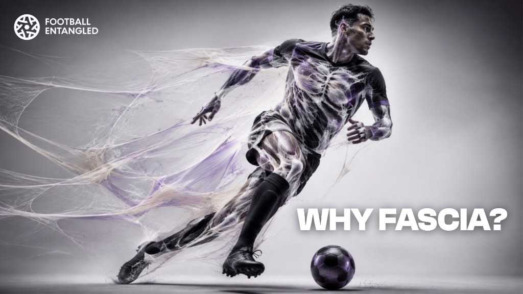 Footballer sprinting with a glowing white fascia network through the body — Why Fascia.