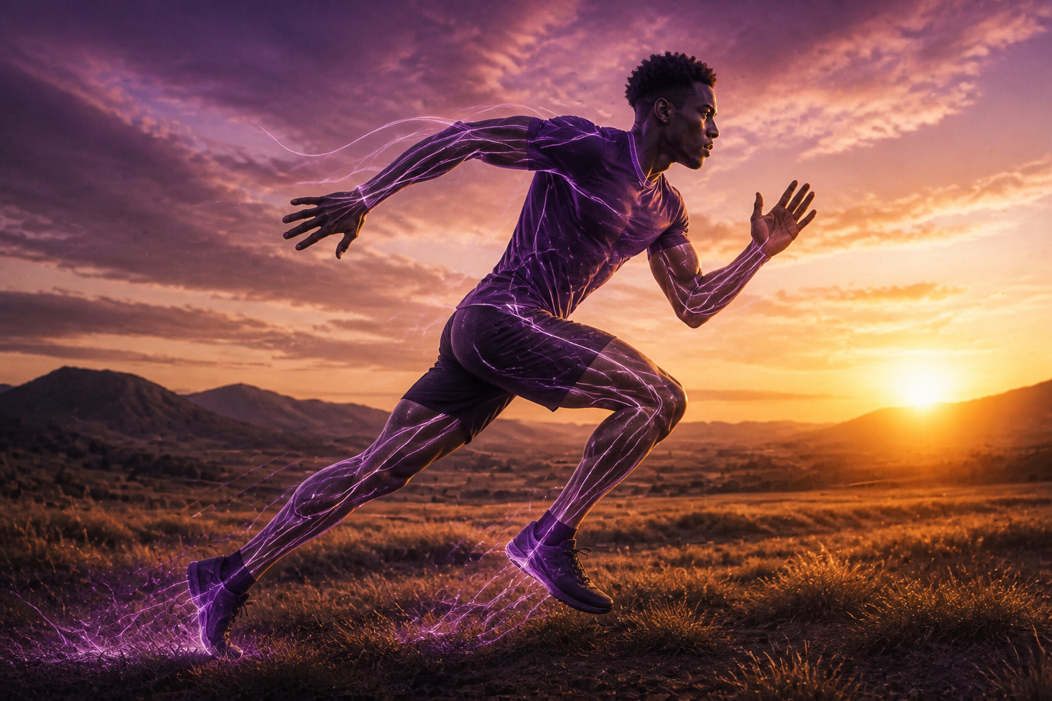 Footballer sprinting outdoors with fascial energy integrating the whole body — elasticity and integrative strength.