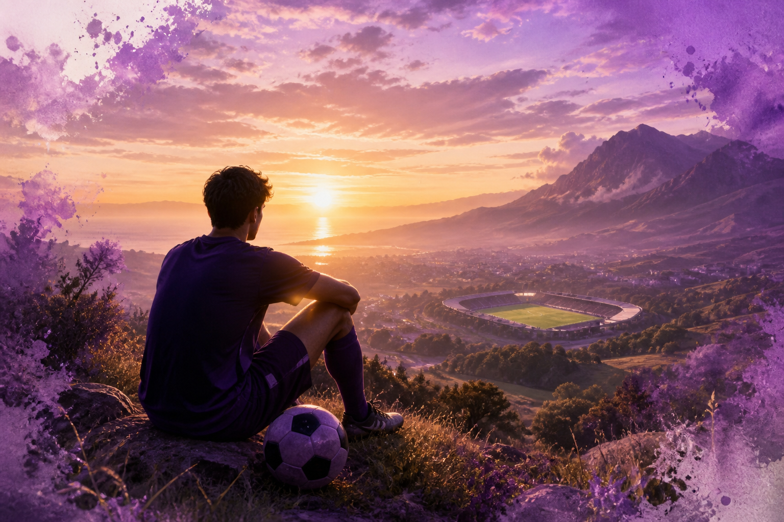 Footballer in quiet focus at sunrise overlooking the horizon — mental mastery, purpose, and intuition.