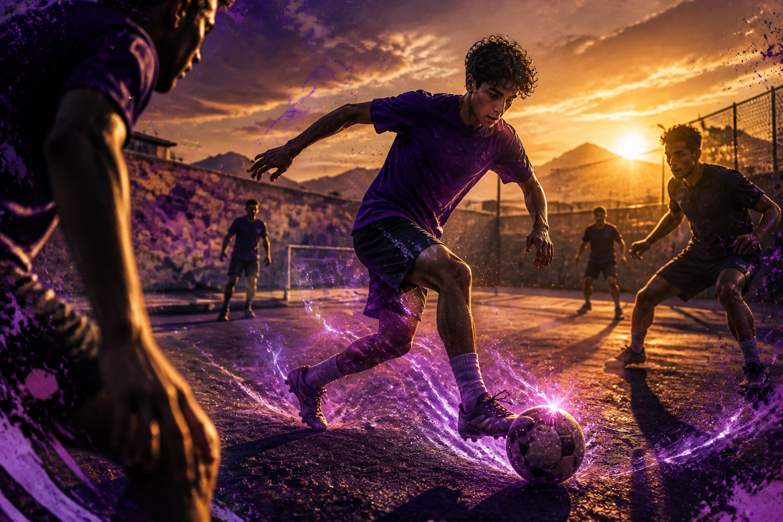 Footballer dribbling in flow state at golden hour — coordination, creativity, and effortless skill.