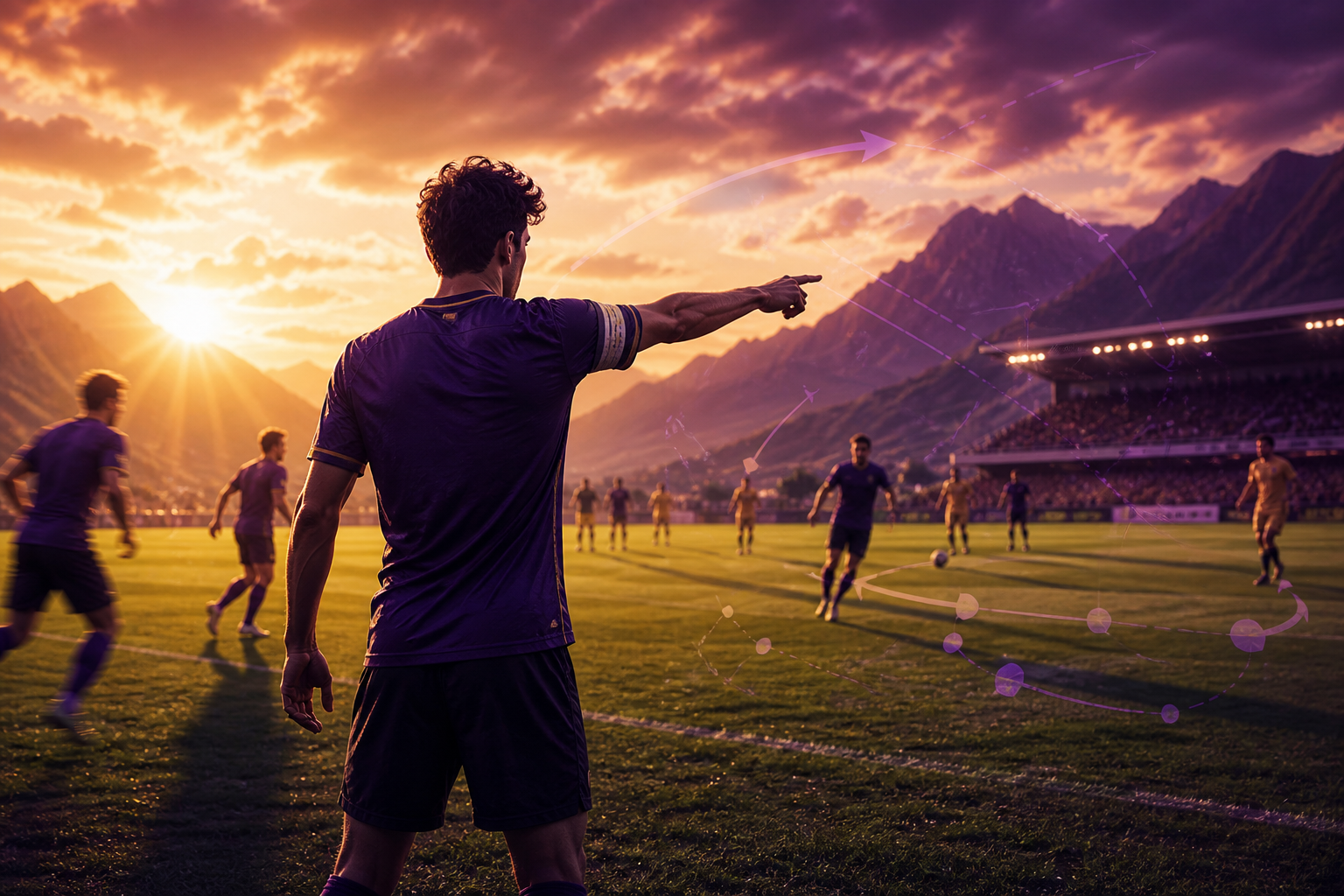 Footballer leading teammates on the pitch at golden hour — tactical leadership and match-winning strategy.