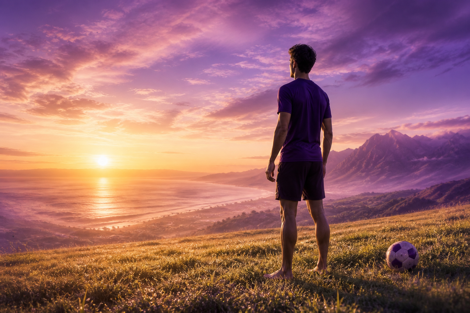 Footballer barefoot in morning sunlight on dewy grass — abundant vitality and natural energy.