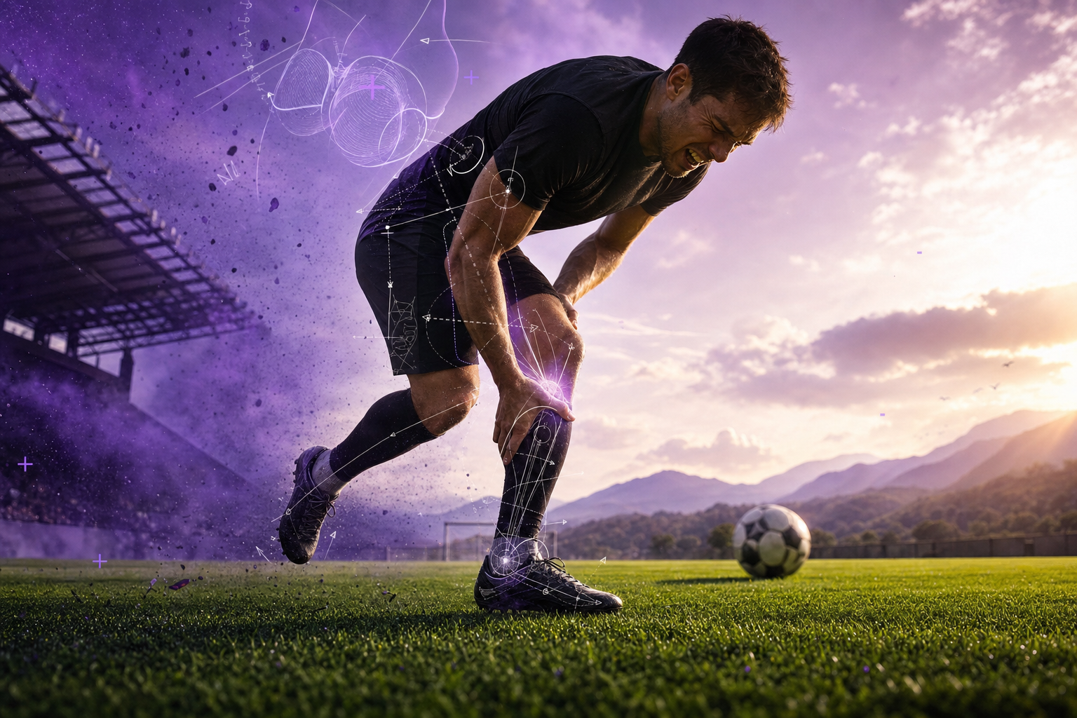 Footballer mid-sprint gripping his hamstring, with translucent biomechanical overlays suggesting pain is a symptom of a deeper kinetic-chain failure.