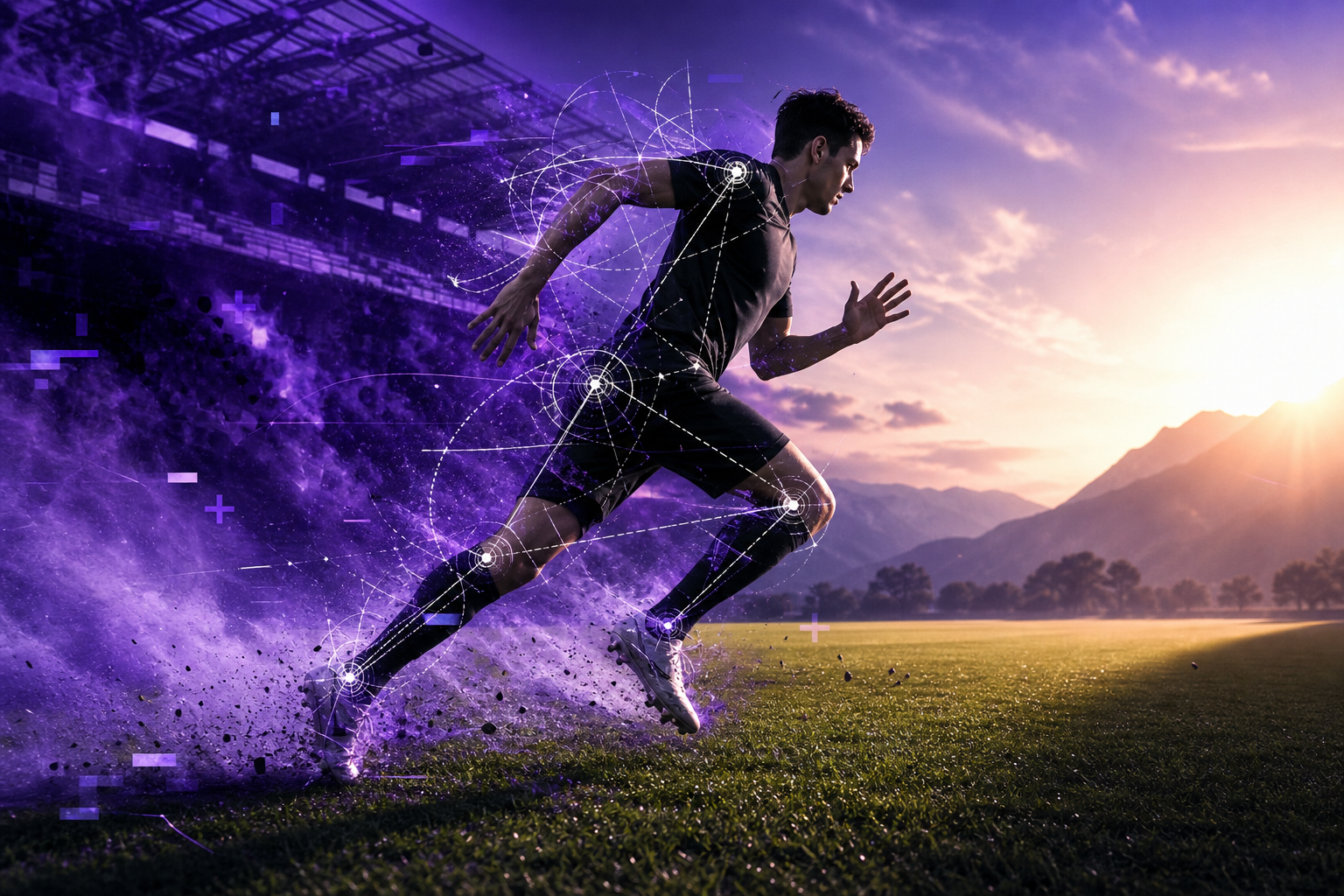 Footballer sprinting on a pitch with fascial spiral lines and broken connection diagrams around the body, illustrating a breakdown in whole-body integration.