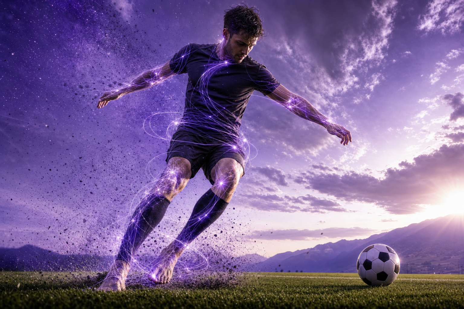 Footballer grounded on the pitch with purple fascial energy flowing through feet, ankles, hips, and core — rebuilding the system from the ground up.