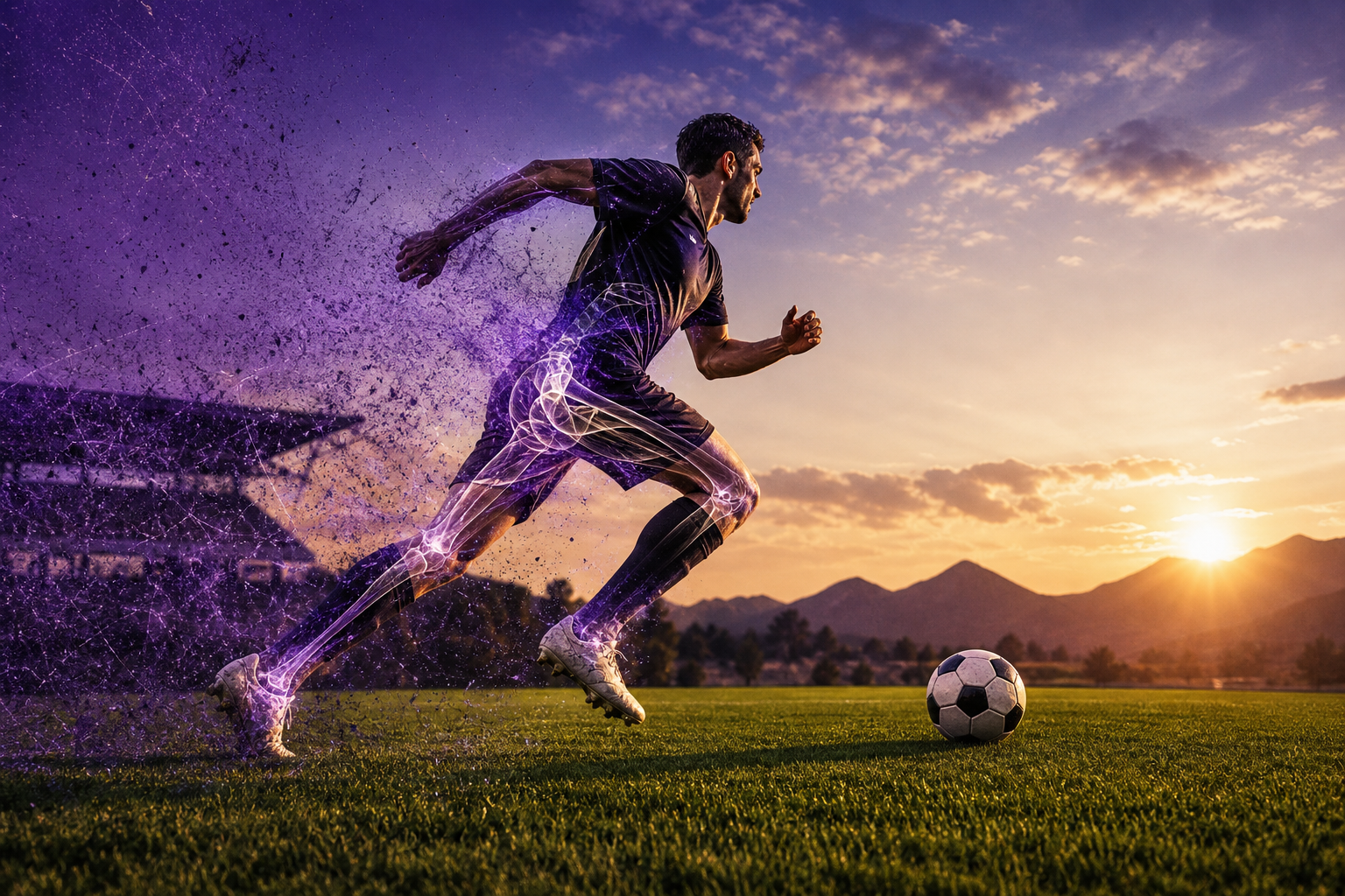 Footballer returning to elite play with subtle anatomical overlays at the ankle, knee, hamstring, and hip fading into purple energy.