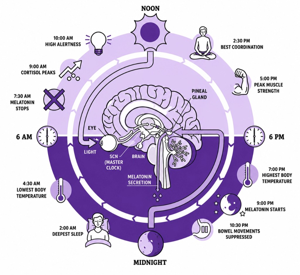 Circadian rhythm clock diagram showing light through the eye to the SCN and pineal gland, with key hormonal and performance milestones over 24 hours.