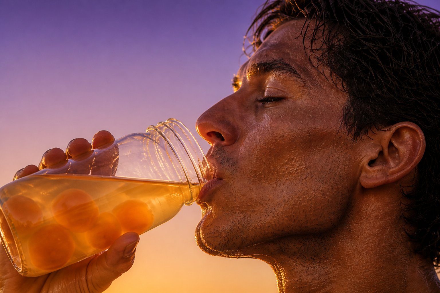 Close-up side portrait drinking from a jar of raw eggs under a clear sunrise sky — decreasing deuterium.
