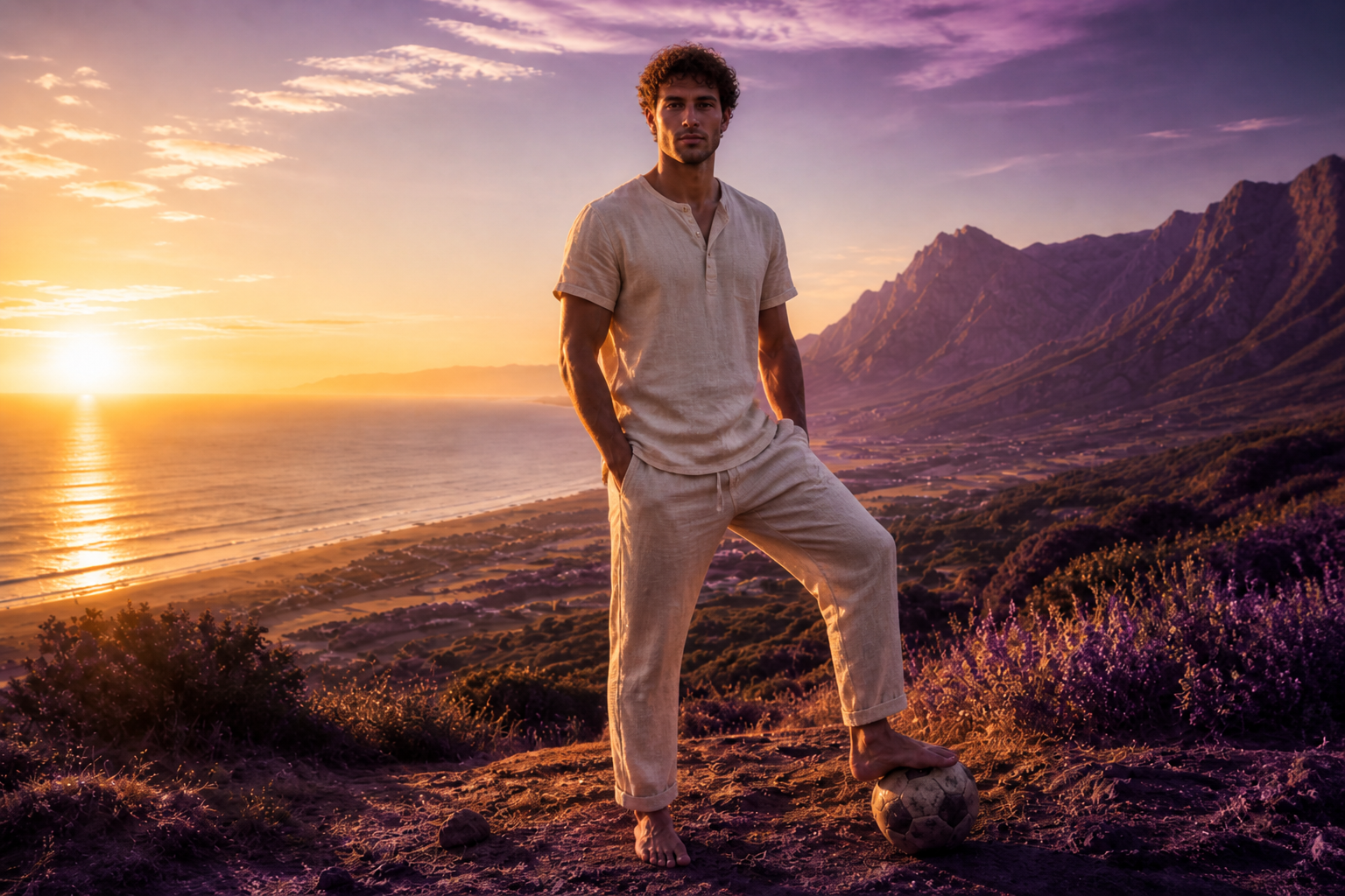 Barefoot man in natural linen clothes facing the camera at sunrise — dressing naturally for health.