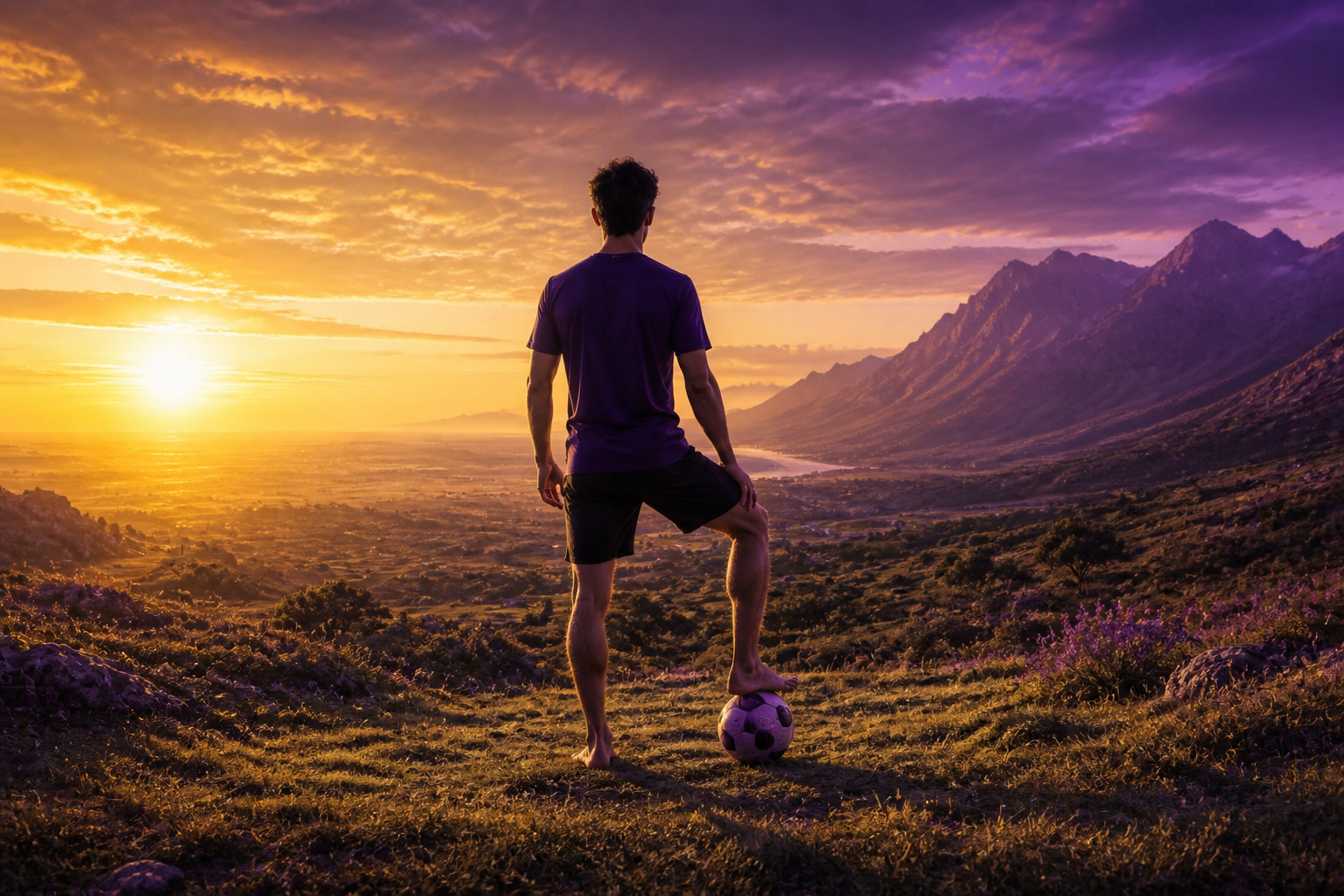 Footballer barefoot outdoors in fresh air and open landscape — grounding and natural light.