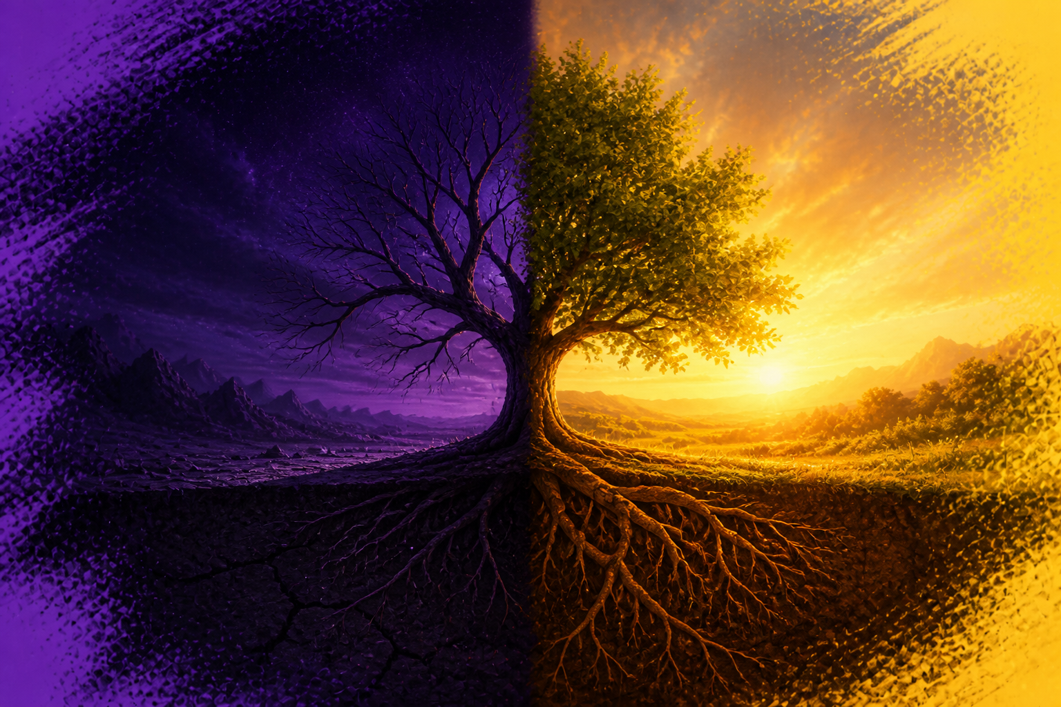 Left: leafless tree struggling in purple darkness. Right: thriving tree with strong roots in golden light — light sculpts life.