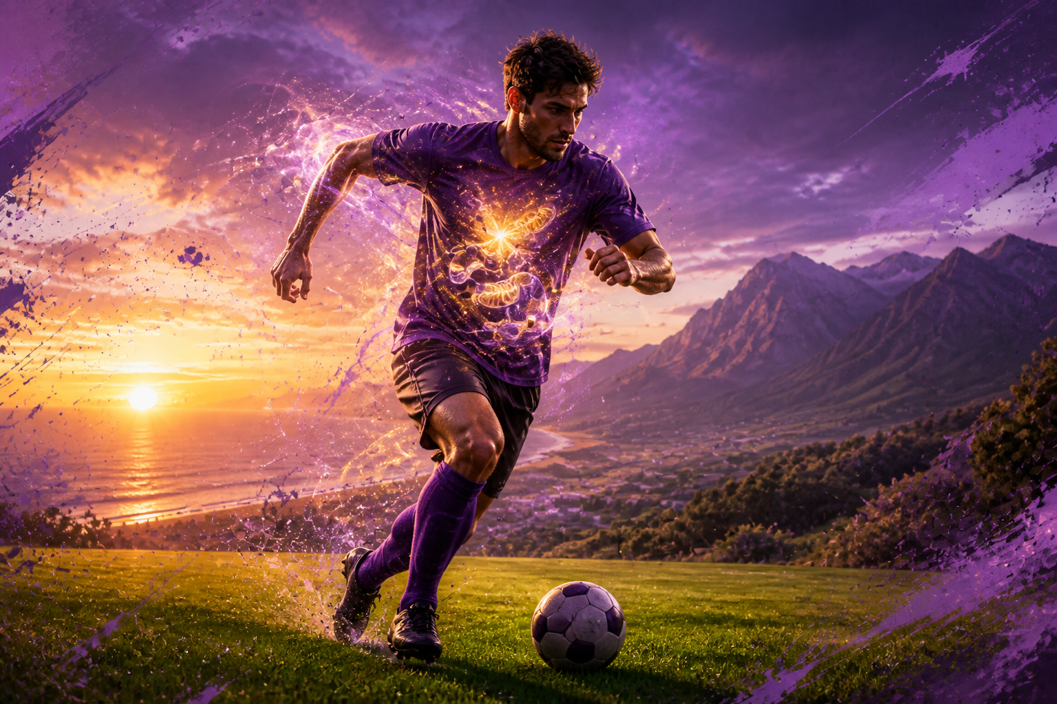 Footballer glowing with cellular energy at sunrise — maximizing mitochondrial ATP for elite recovery.