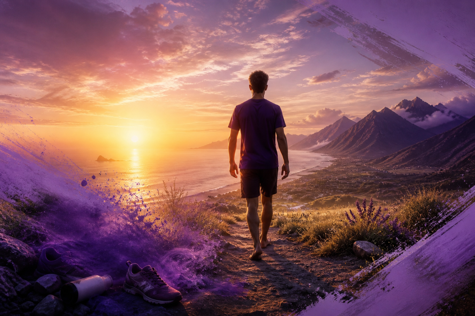 Footballer walking barefoot toward sunrise, choosing nature over modern recovery gimmicks.