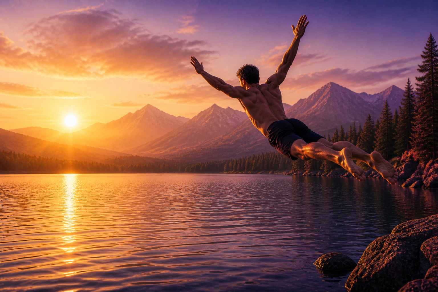 Man joyfully jumping into a lake at golden hour — less is more, enjoying nature for recovery.