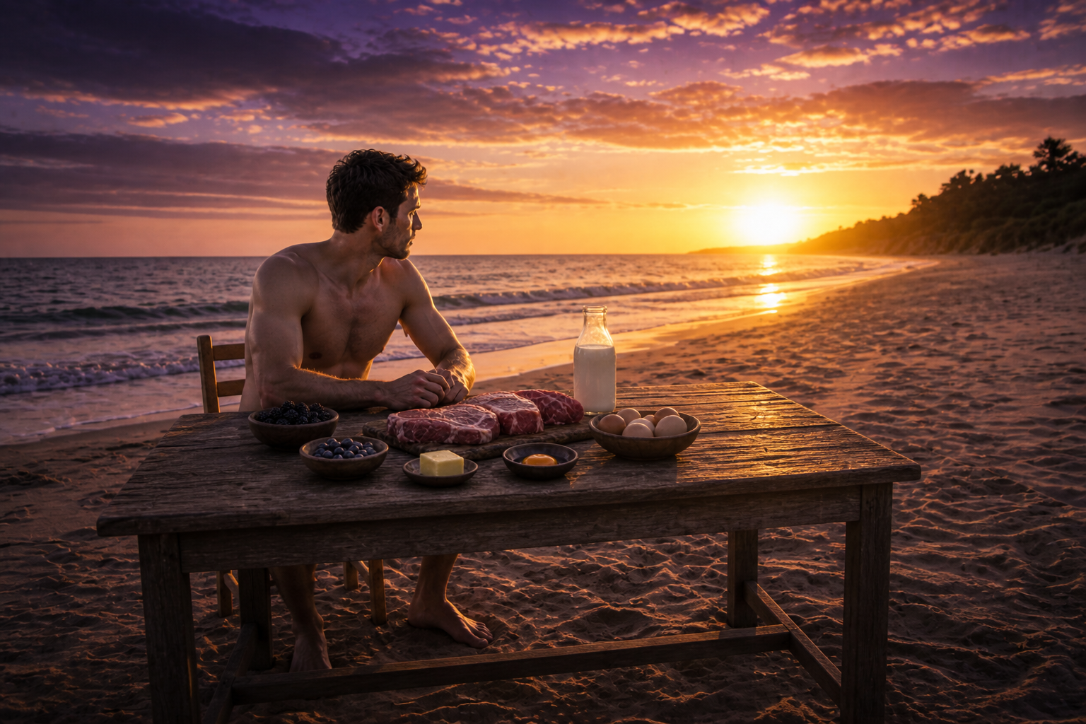 Barefoot figure in swim trunks at a beach sunrise table with fresh meat, eggs, milk, and berries — real animal-based food over everything.