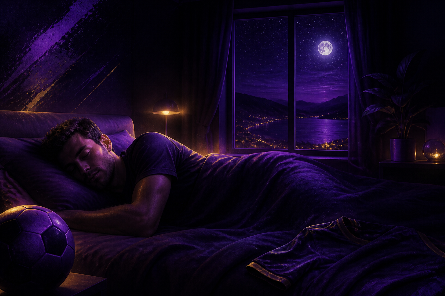 Footballer in deep restorative sleep under purple night and moonlight — sleep as king of recovery.
