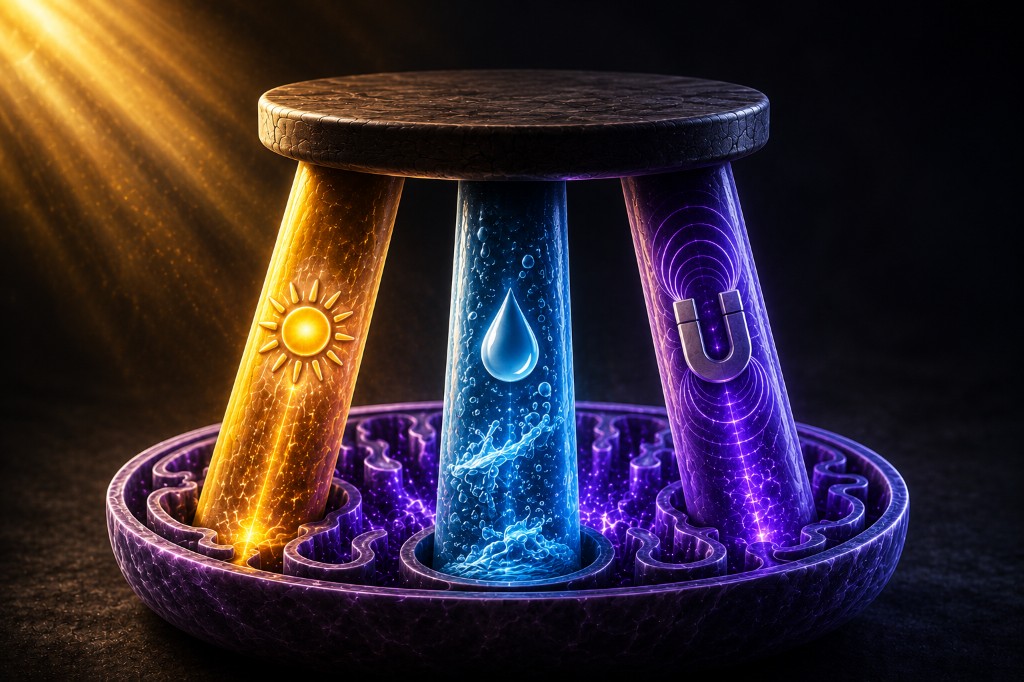 Three-legged stool of life: glowing gold light leg with sun, blue water leg with droplet, and purple magnetism leg with magnet on a neural base.